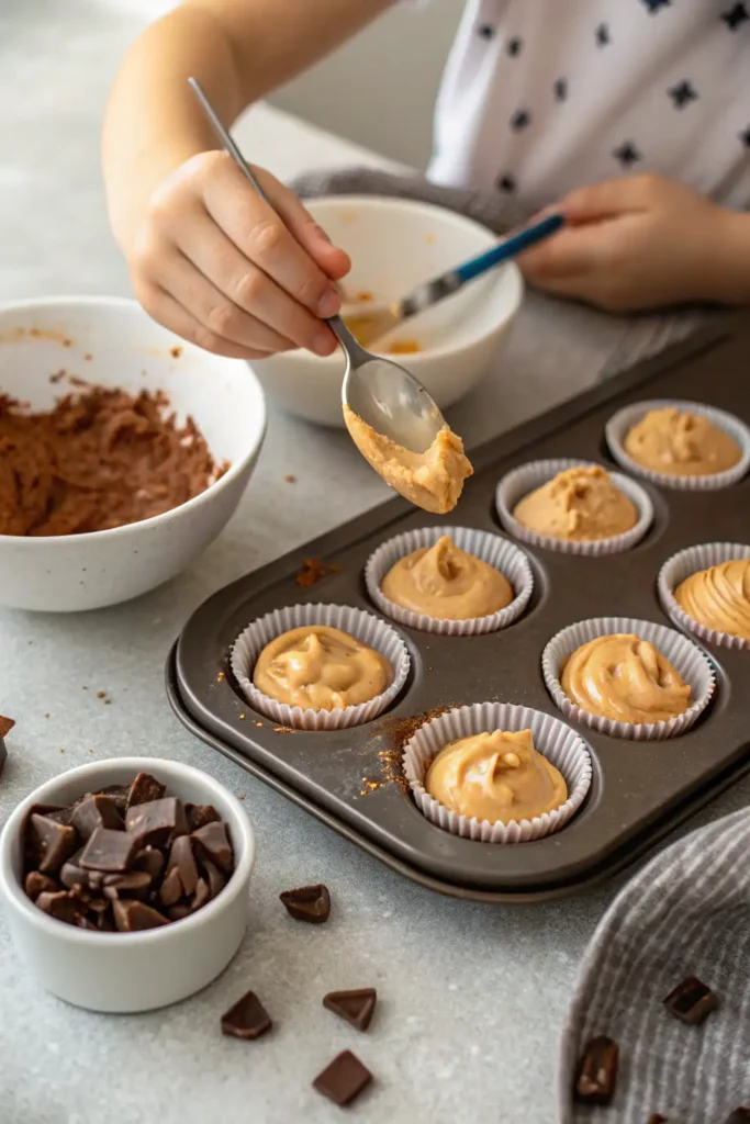 Child’s hands spooning peanut butter cottage cheese filling into mini liners