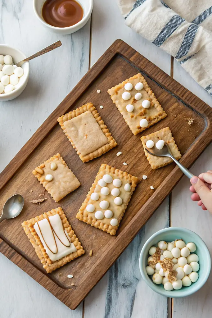 Child decorating cinnamon sugar pop tart cookies with white chocolate chips and caramel drizzle on wooden tray