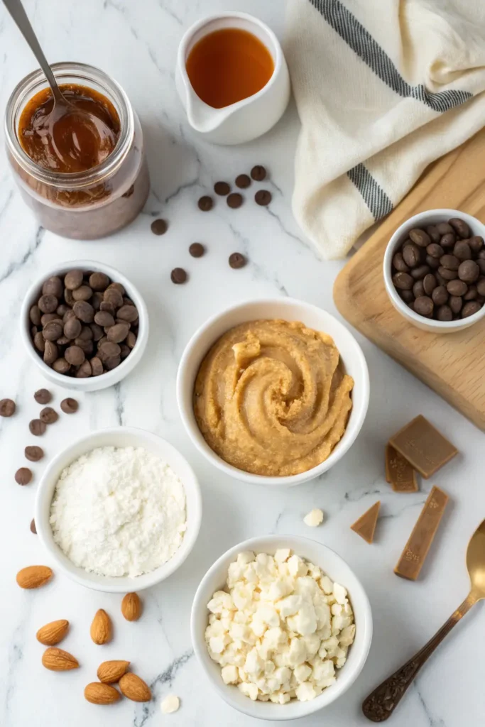 5 cottage cheese peanut butter cup ingredients in small bowls on white counter