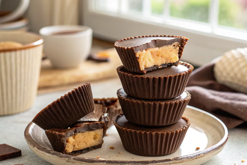 Cottage cheese peanut butter cups close-up showing creamy filling and chocolate shell