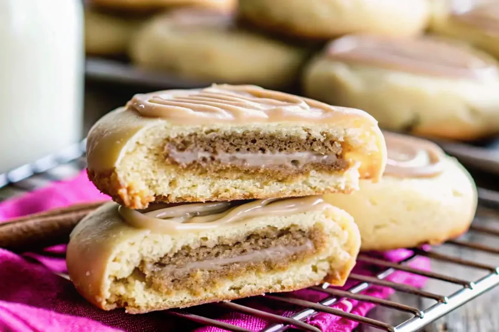 Homemade cinnamon sugar pop tart cookies​with vanilla glaze stacked on a cooling rack