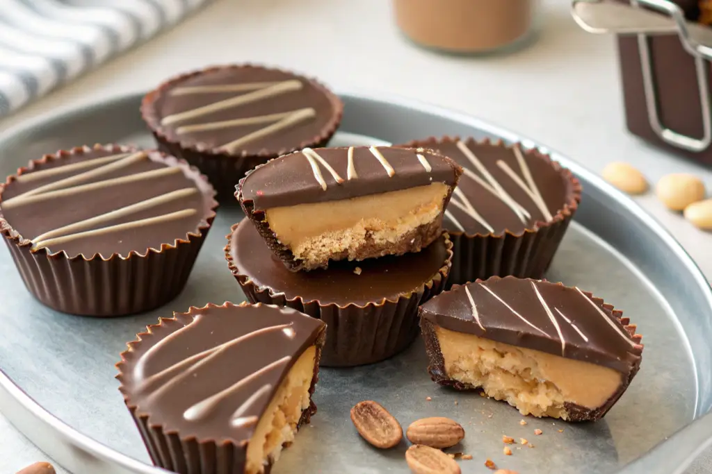 Round chocolate-covered cottage cheese peanut butter cups on a silver tray