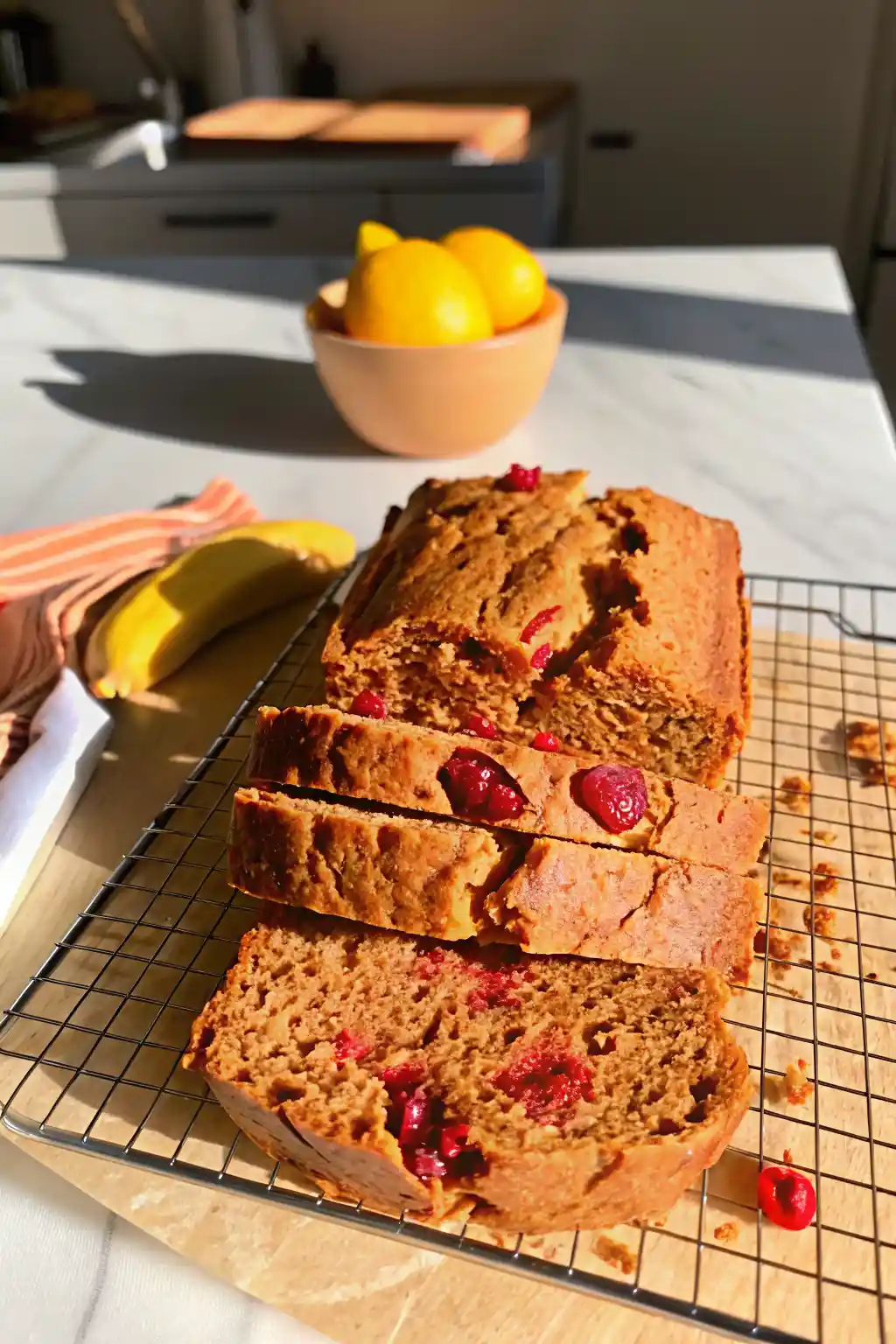 Gluten free lemon raspberry loaf with golden crust and fresh raspberries on cooling rack