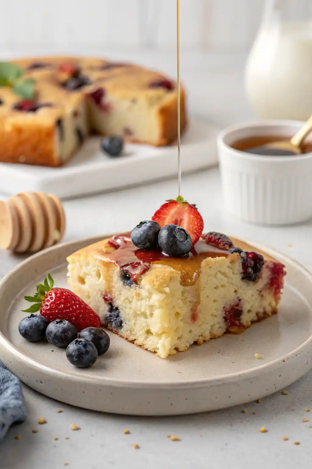 Baked berry pancake slice drizzled with maple syrup on a ceramic plat