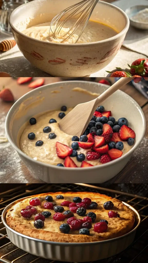 Three-step process of making baked berry pancakes from mixing batter to baking with fresh berries