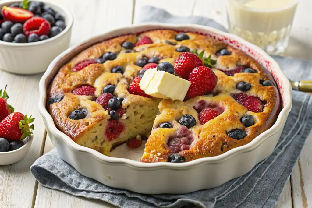Pouring batter and adding berries to baked berry pancakes