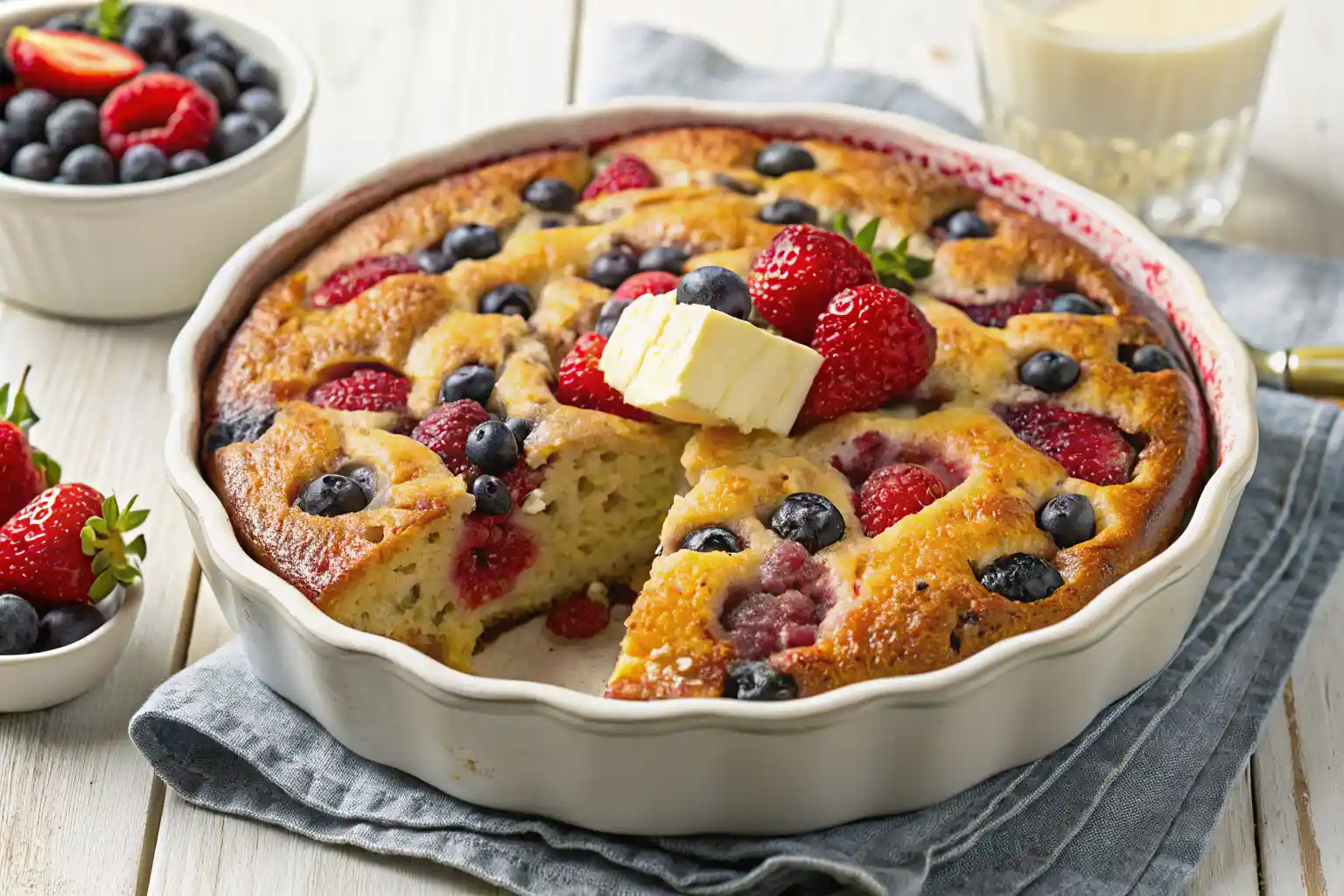 Pouring batter and adding berries to baked berry pancakes