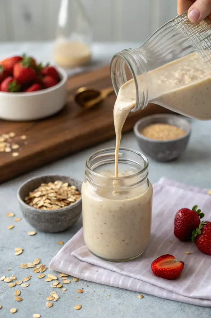 Blended overnight oats vegan mixture being poured into a glass jar with oats and strawberries in background