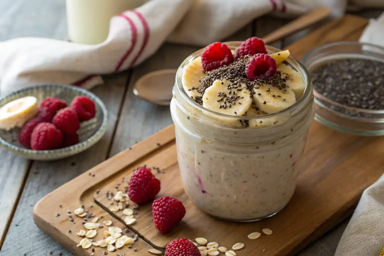 Blended overnight oats vegan in a glass jar with banana and raspberries