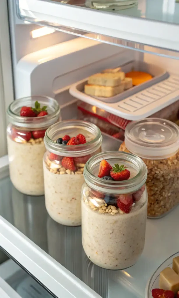 Blended overnight oats vegan stored in glass jars inside fridge with fresh berries