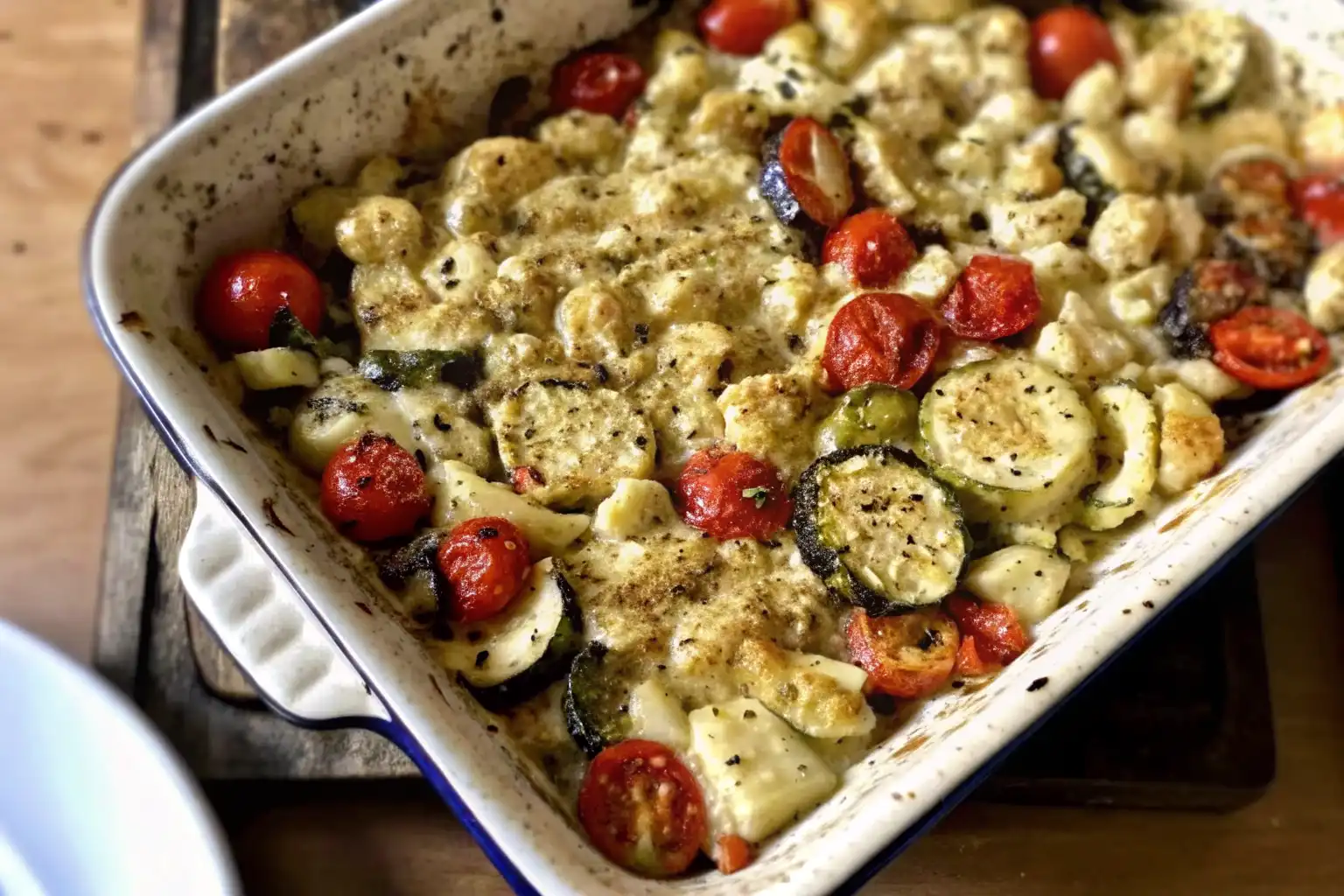 Close-up of Boursin Vegetable Bake with roasted zucchini, cherry tomatoes, and creamy cheese