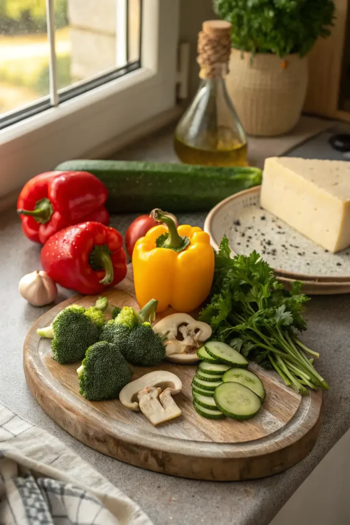 Fresh chopped vegetables and garlic herb Boursin cheese ready for Boursin Vegetable Bake
