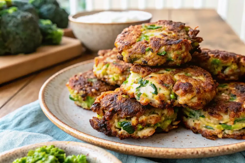 crispy broccoli feta chicken fritters on a rustic plate