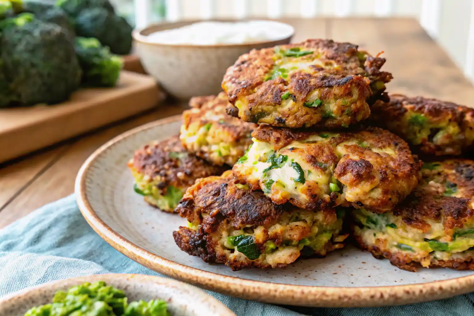 crispy broccoli feta chicken fritters on a rustic plate