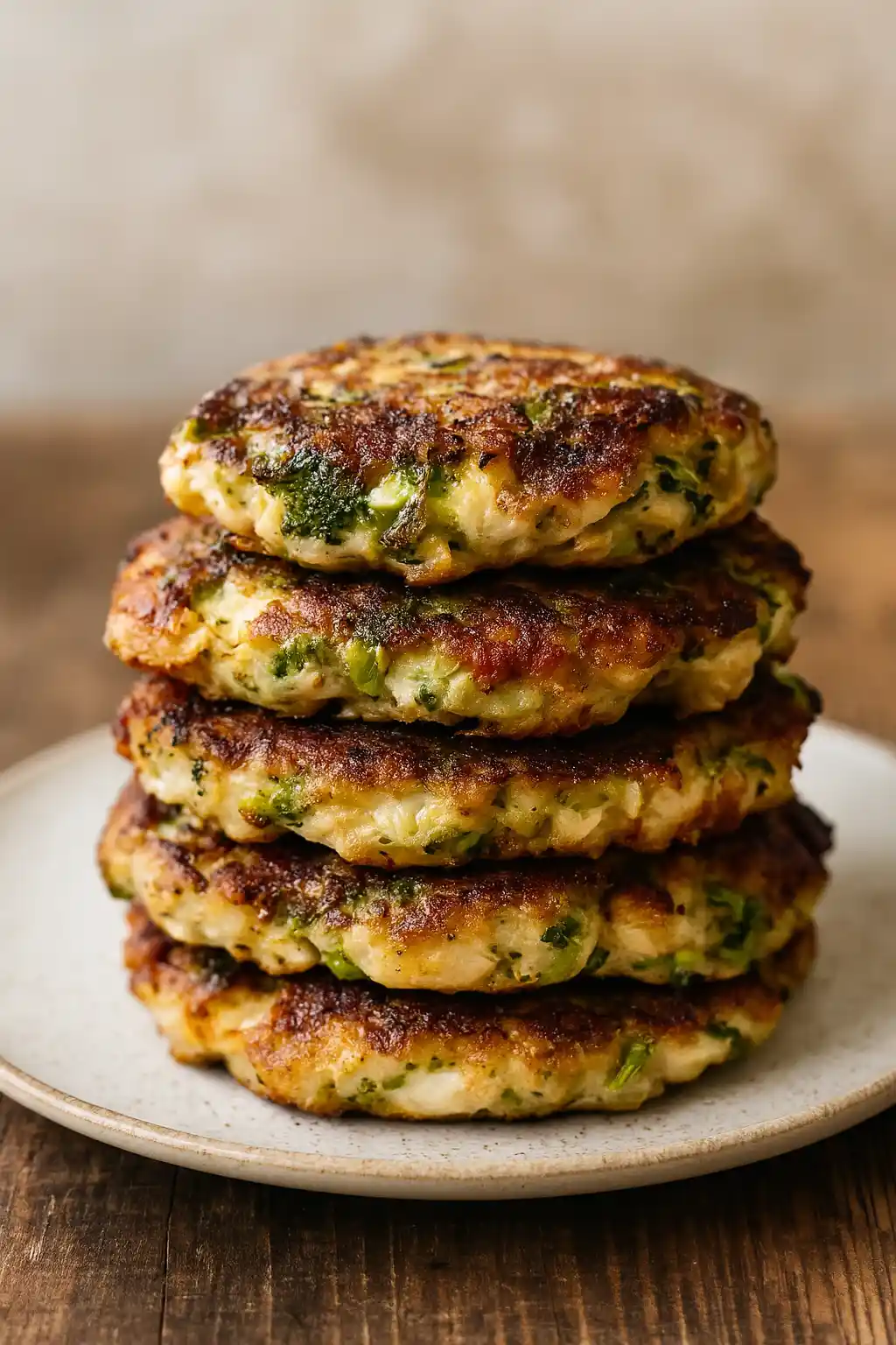 golden broccoli feta chicken fritters stacked on a ceramic plate