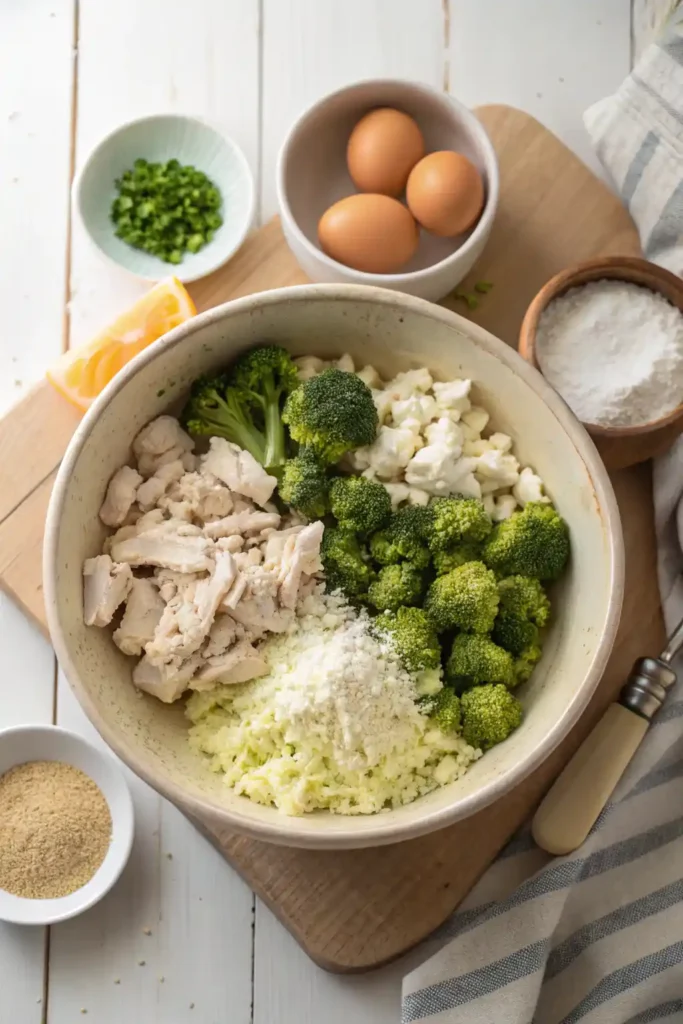 bowl of ingredients for broccoli feta chicken fritters