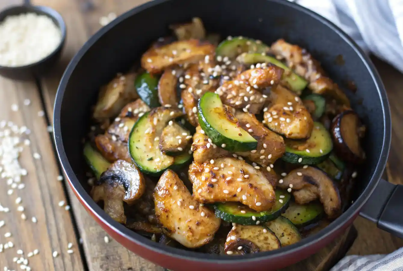 chicken with zucchini and mushrooms in a cast iron skillet