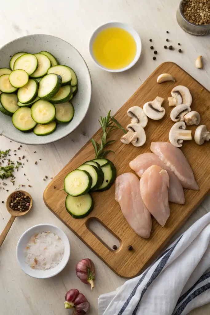  ingredients for chicken with zucchini and mushrooms laid out on kitchen counter