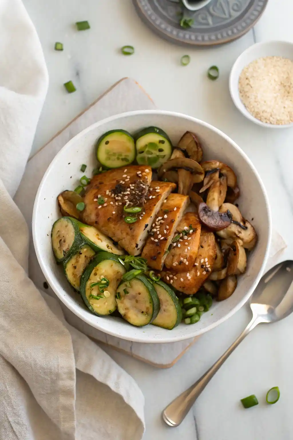 final plated chicken with zucchini and mushrooms for recipe card
