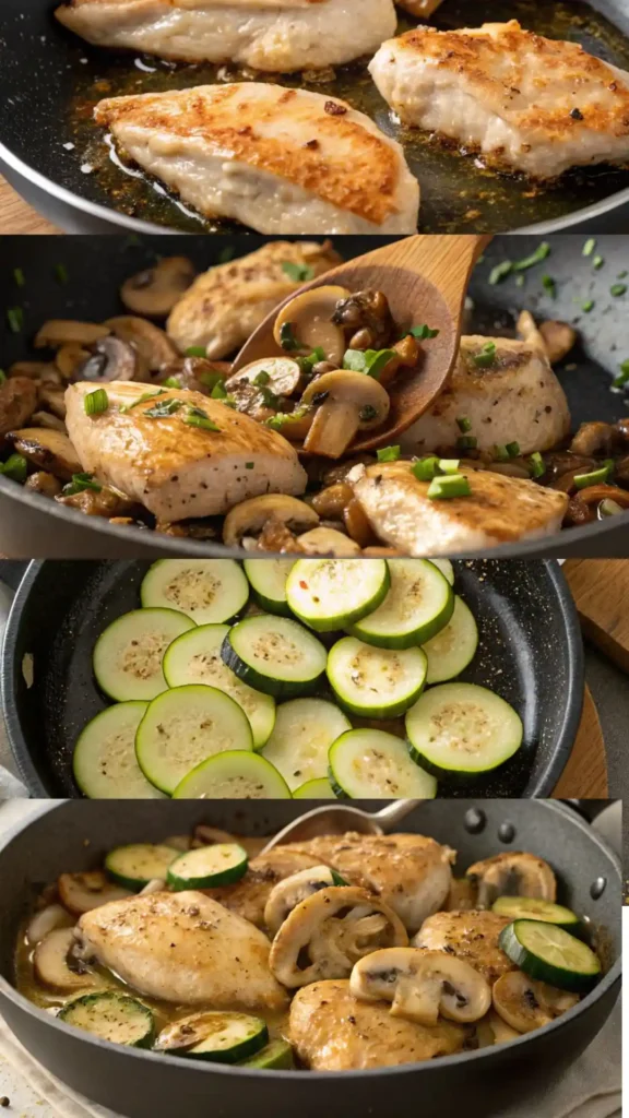 step-by-step cooking of chicken with zucchini and mushrooms in one pan
