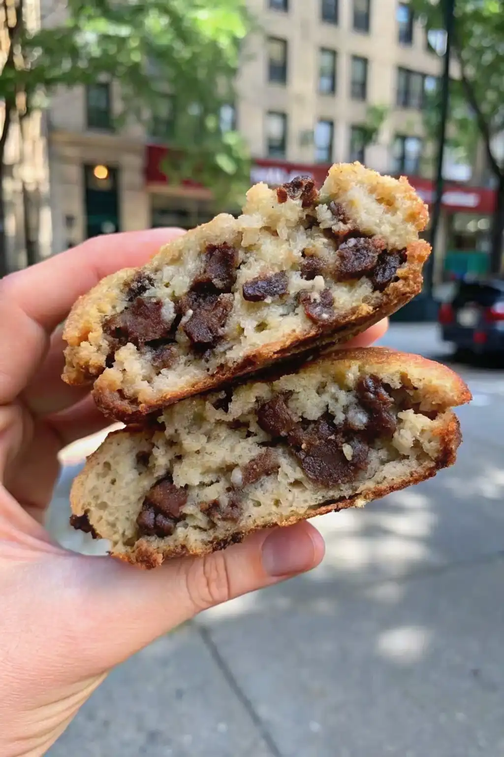 Close-up of thick coconut caramel chocolate chip cookie broken in half, with gooey chocolate and soft interior