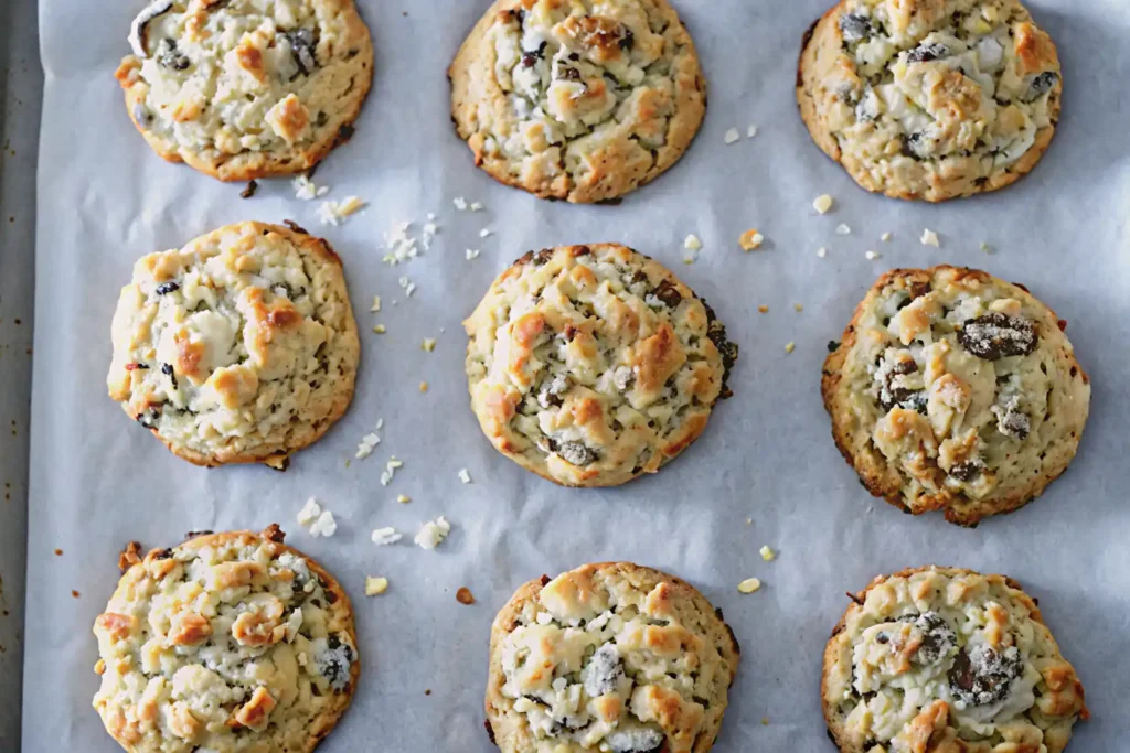 coconut caramel chocolate chip cookies stacked on cooling rack with melted caramel
