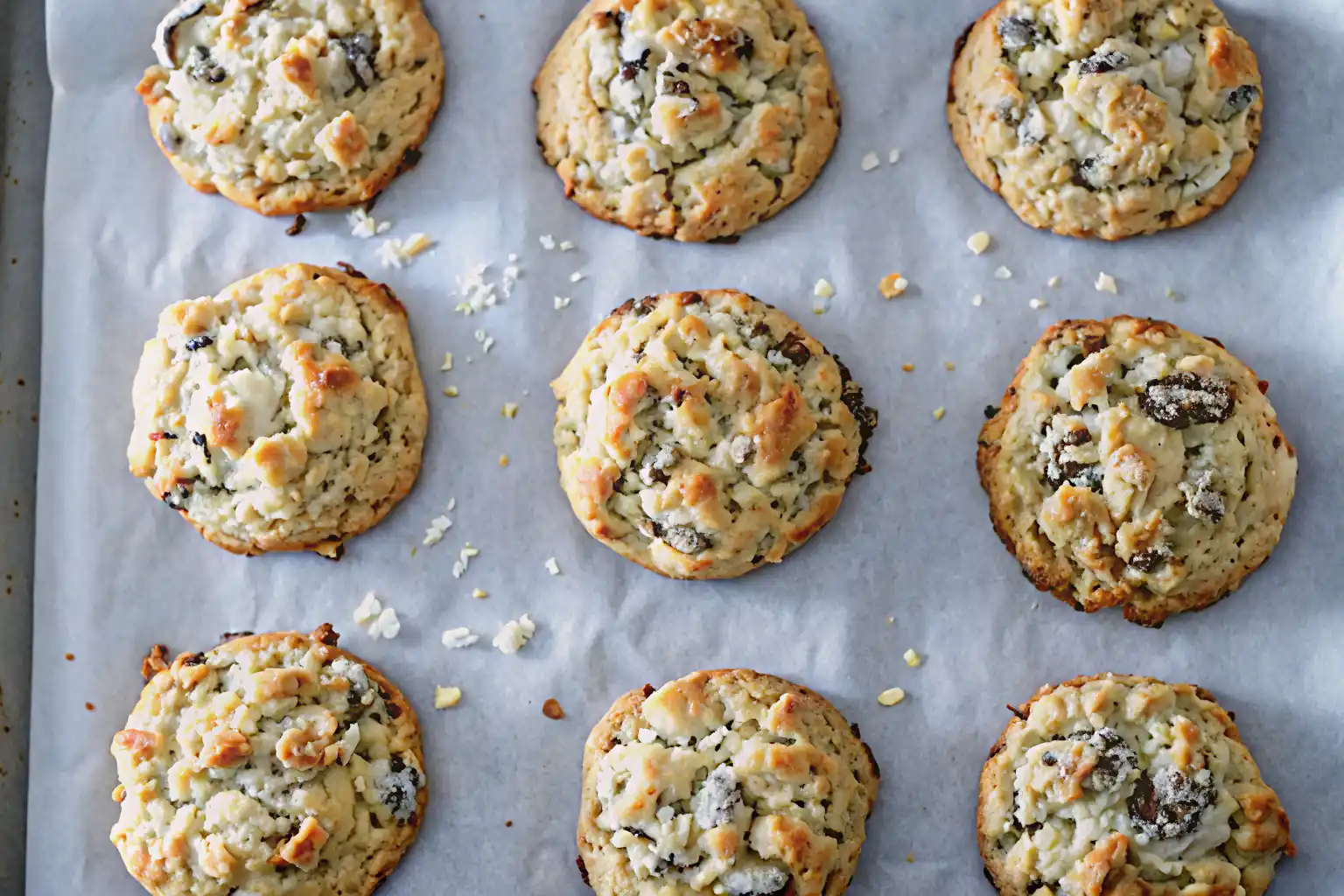coconut caramel chocolate chip cookies stacked on cooling rack with melted caramel