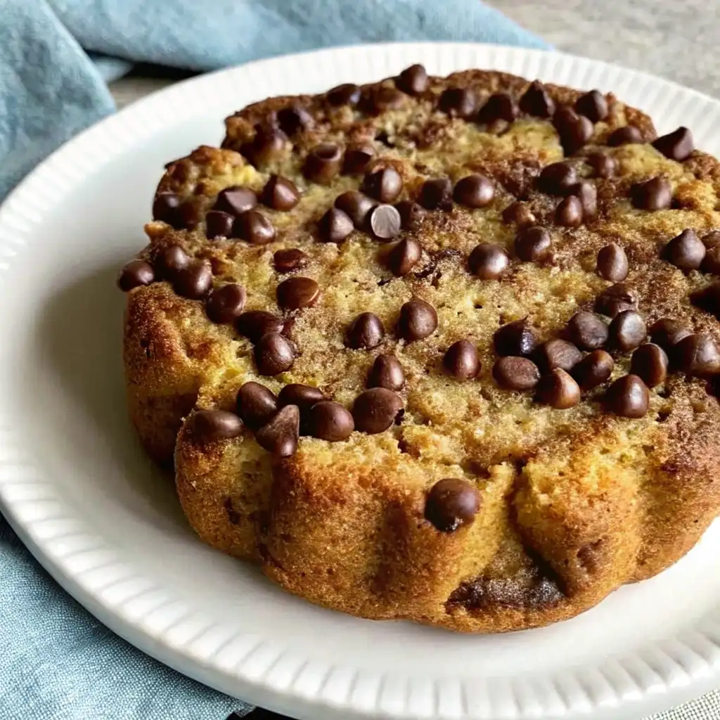 Freshly baked round coconut date cake topped with melted chocolate chips on a white plate