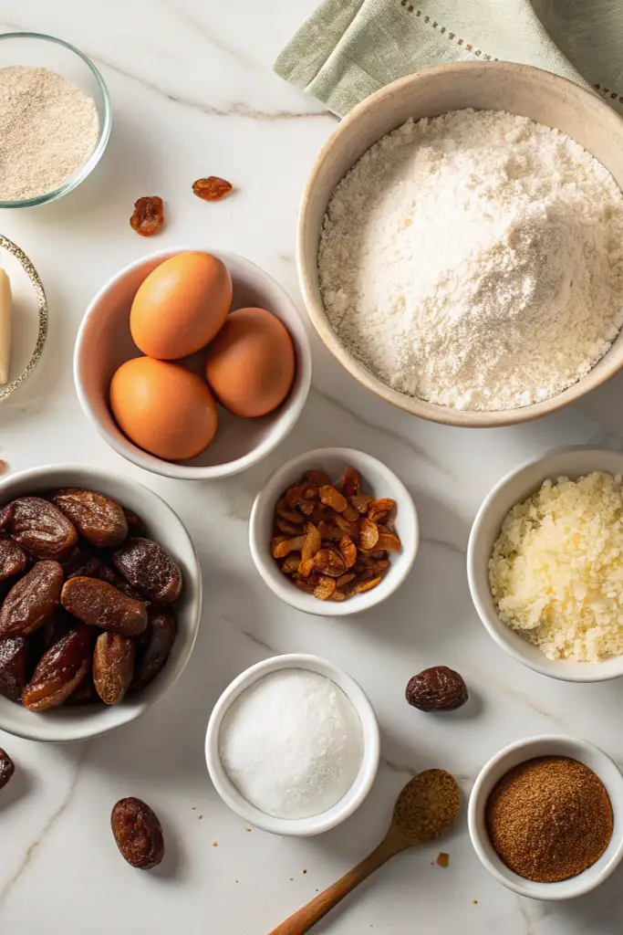 Ingredients for Coconut Date Cake in bowls