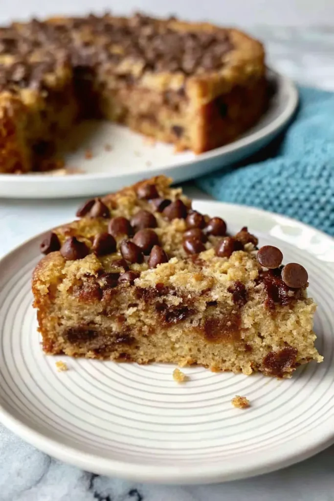 Close-up of a moist Coconut Date Cake slice with chocolate chips