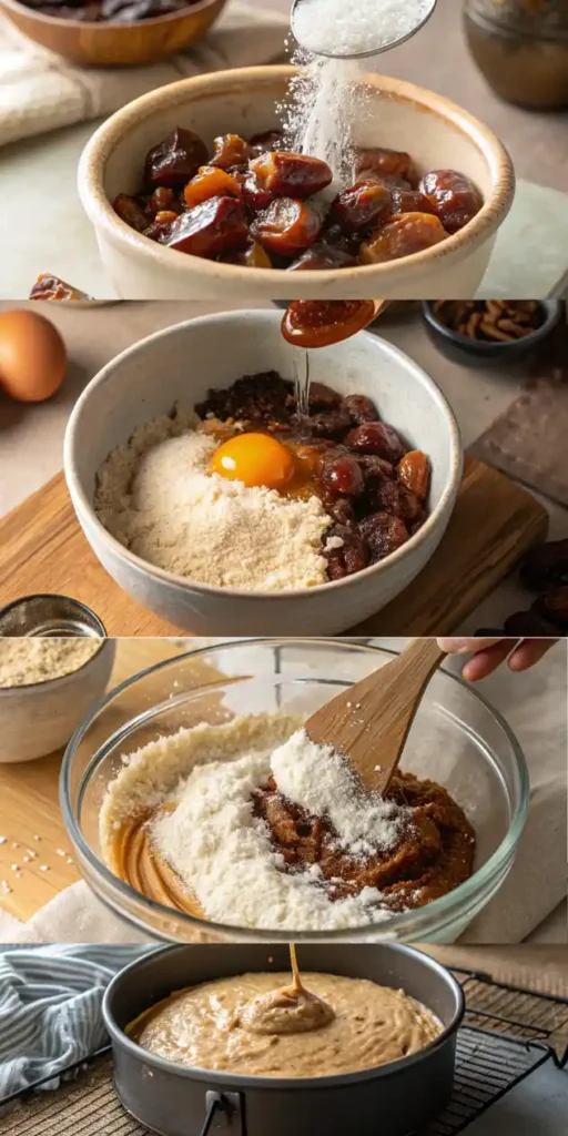 A step-by-step visual of Coconut Date Cake preparation showing softening chopped dates, mixing with wet and dry ingredients, folding the batter, and pouring it into a round pan ready for baking