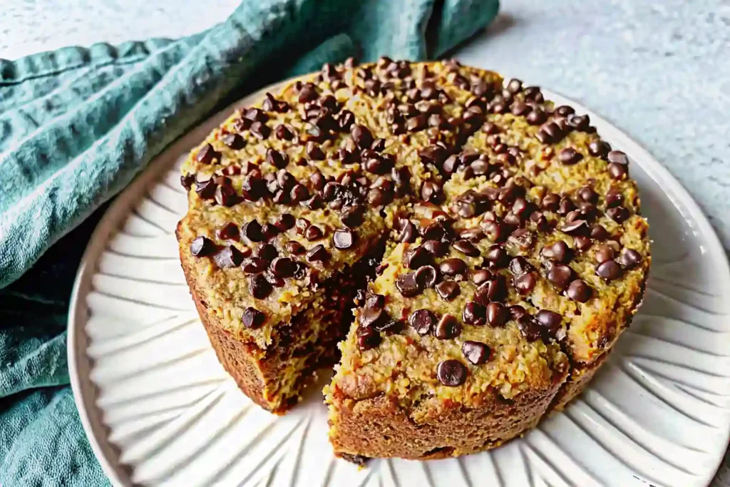 Tall Coconut Date Cake with chocolate chips on a decorative cream plate