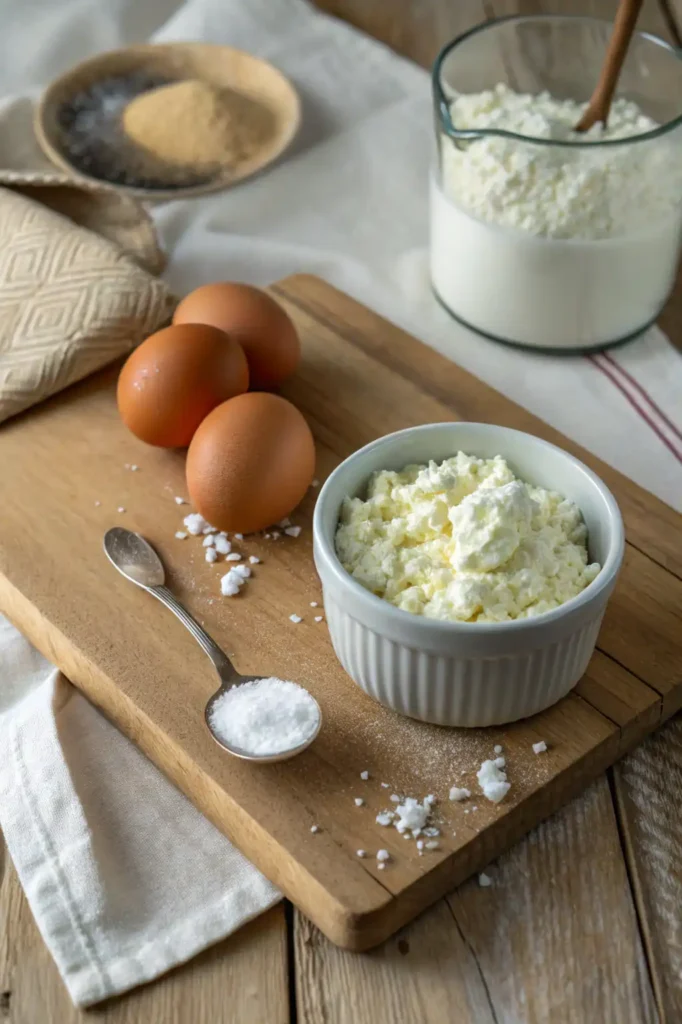 Ingredients for easy cottage cheese pancakes without flour