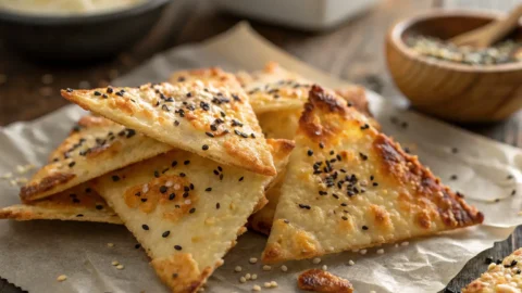 Crispy triangle-shaped cottage cheese chips with parmesan cheese, topped with black and white sesame seeds, arranged on parchment paper