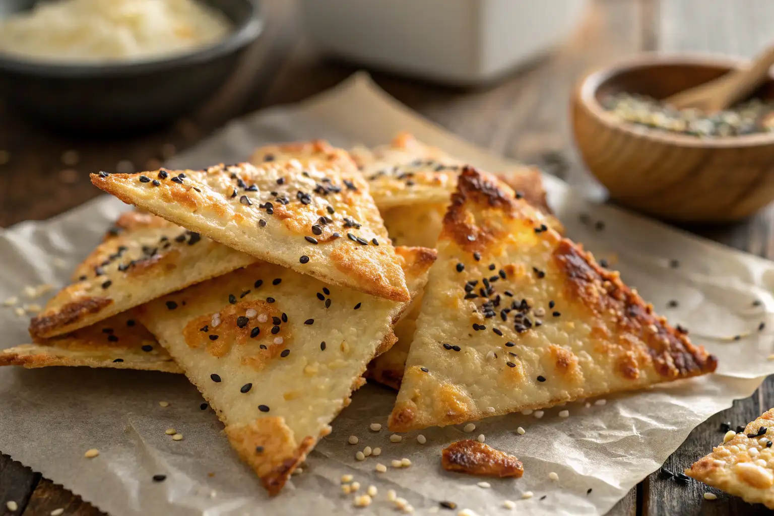 Crispy triangle-shaped cottage cheese chips with parmesan cheese, topped with black and white sesame seeds, arranged on parchment paper