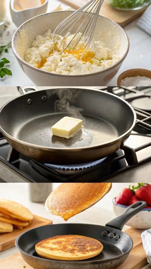 Step-by-step process of making easy cottage cheese pancakes with no flour