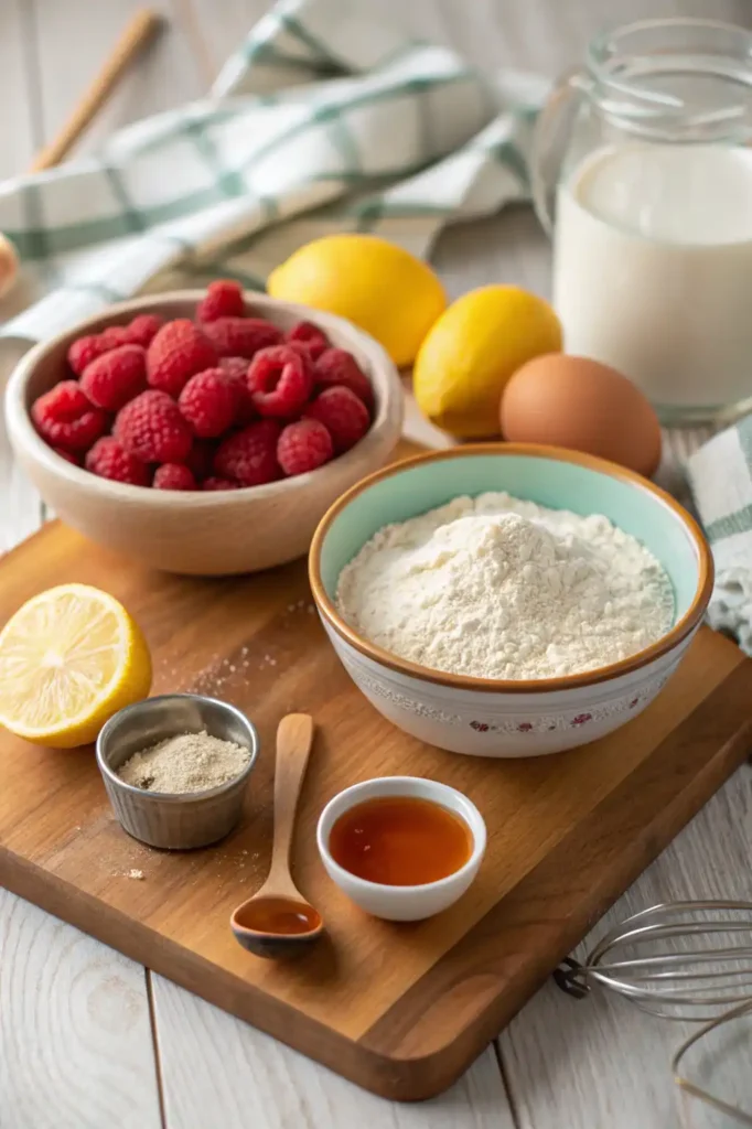 Ingredients for gluten free lemon raspberry loaf on a wooden kitchen counter