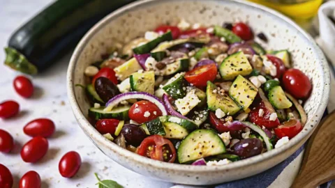 Grilled zucchini Greek salad in a white bowl with fresh vegetables