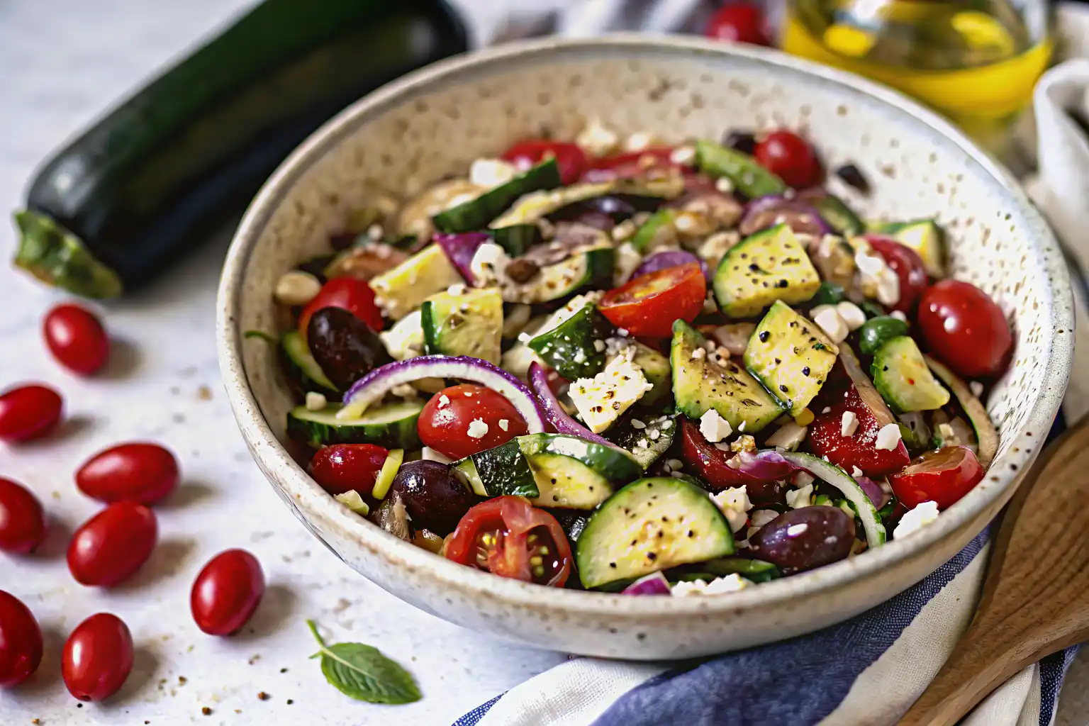 Grilled zucchini Greek salad in a white bowl with fresh vegetables