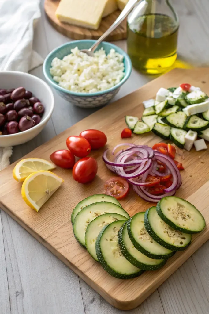 Fresh ingredients for grilled zucchini Greek salad on cutting board