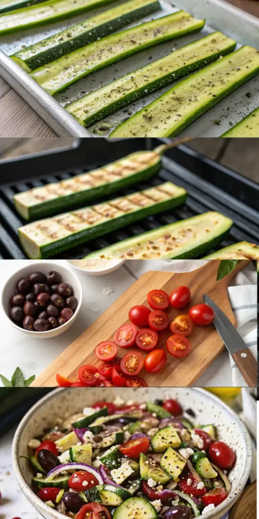 Step-by-step grilled zucchini Greek salad preparation showing raw seasoned zucchini, zucchini on the grill, fresh tomatoes and olives being prepped, and the final assembled salad in a ceramic bowl.