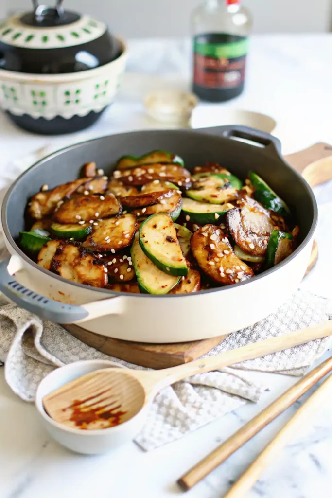 glazed chicken with zucchini and mushrooms in sauté pan