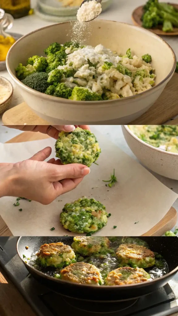 homemade broccoli feta chicken fritter recipe in progress