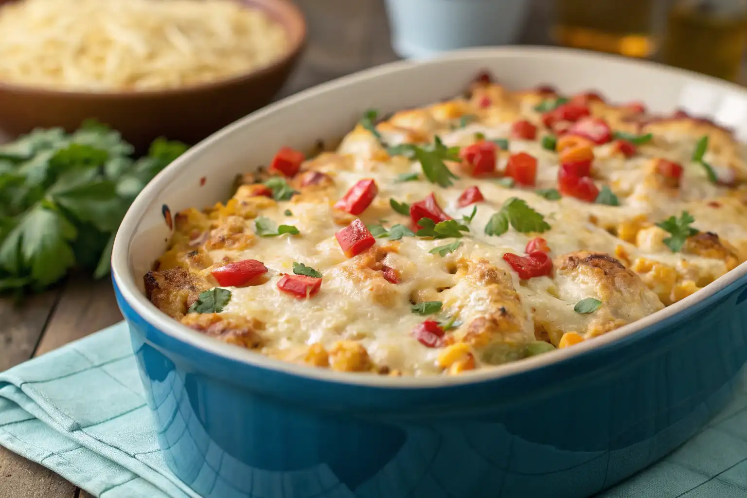 Mexican Street Corn Chicken Bake with golden cheese and toppings