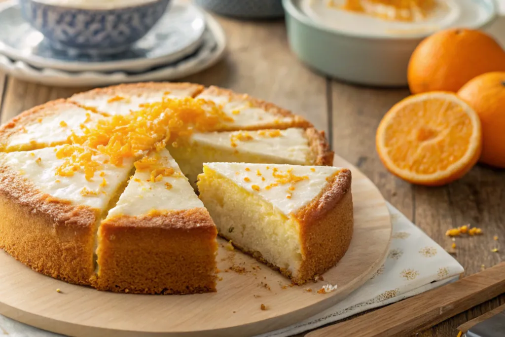 Moist orange cake with yogurt sliced and topped with fresh orange zest