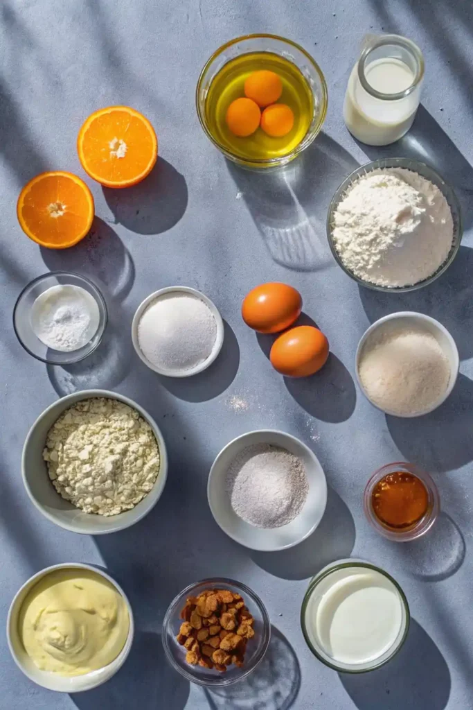 Flat lay of orange cake with yogurt ingredients including eggs, flour, orange, yogurt, and vanilla