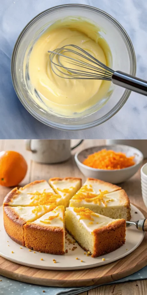 Whisked orange yogurt cake batter in a round bowl