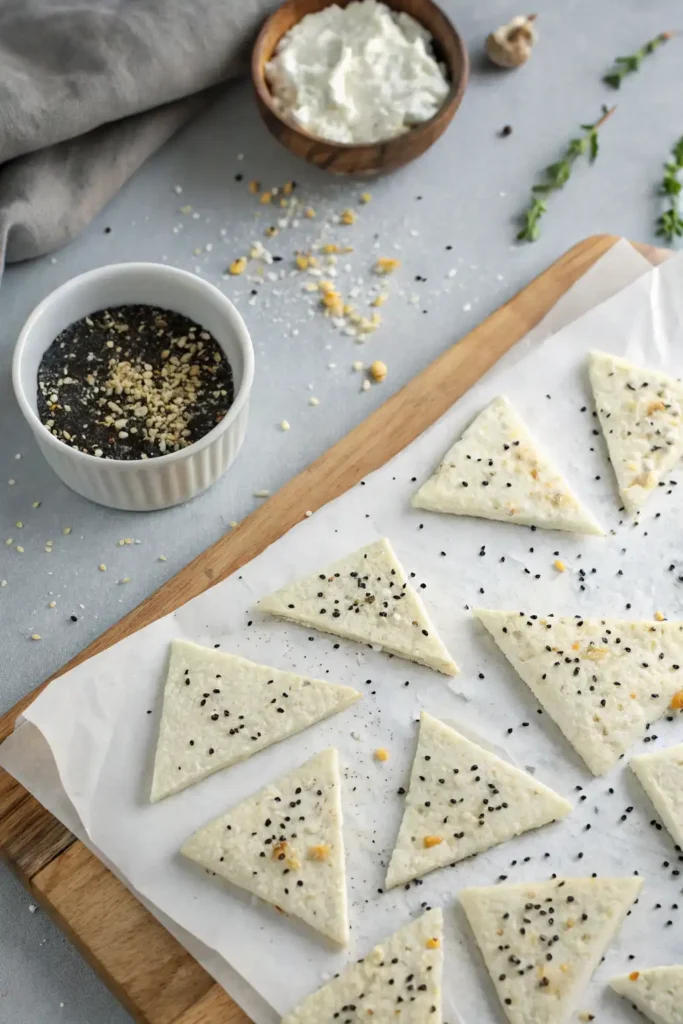 Uncooked triangle-shaped cottage cheese chips with parmesan cheese and bagel seasoning arranged on parchment paper before baking