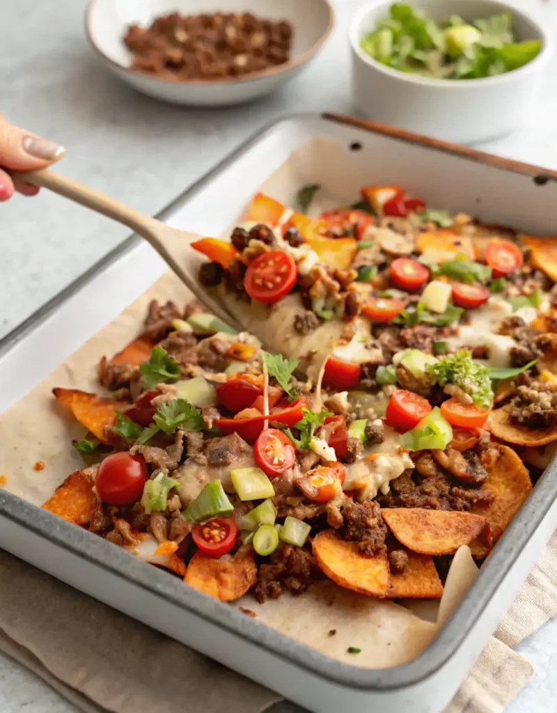 Sweet potato nachos with ground beef being served from a ceramic tray
