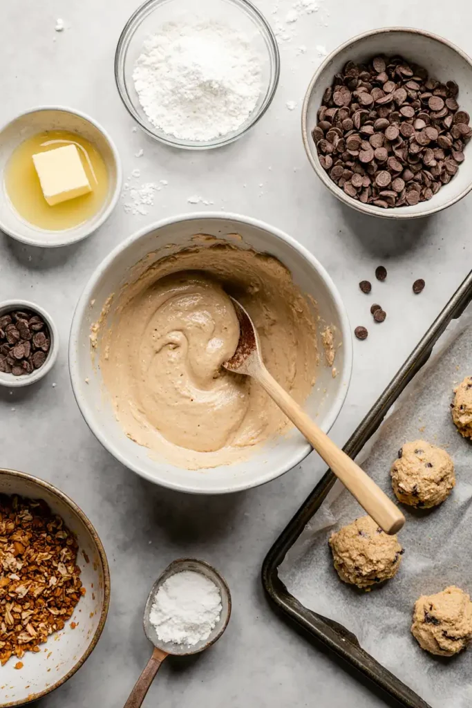 Step-by-step process of making coconut caramel chocolate chip cookies with cookie dough being mixed, ingredients prepared, and scooped dough balls on a tray